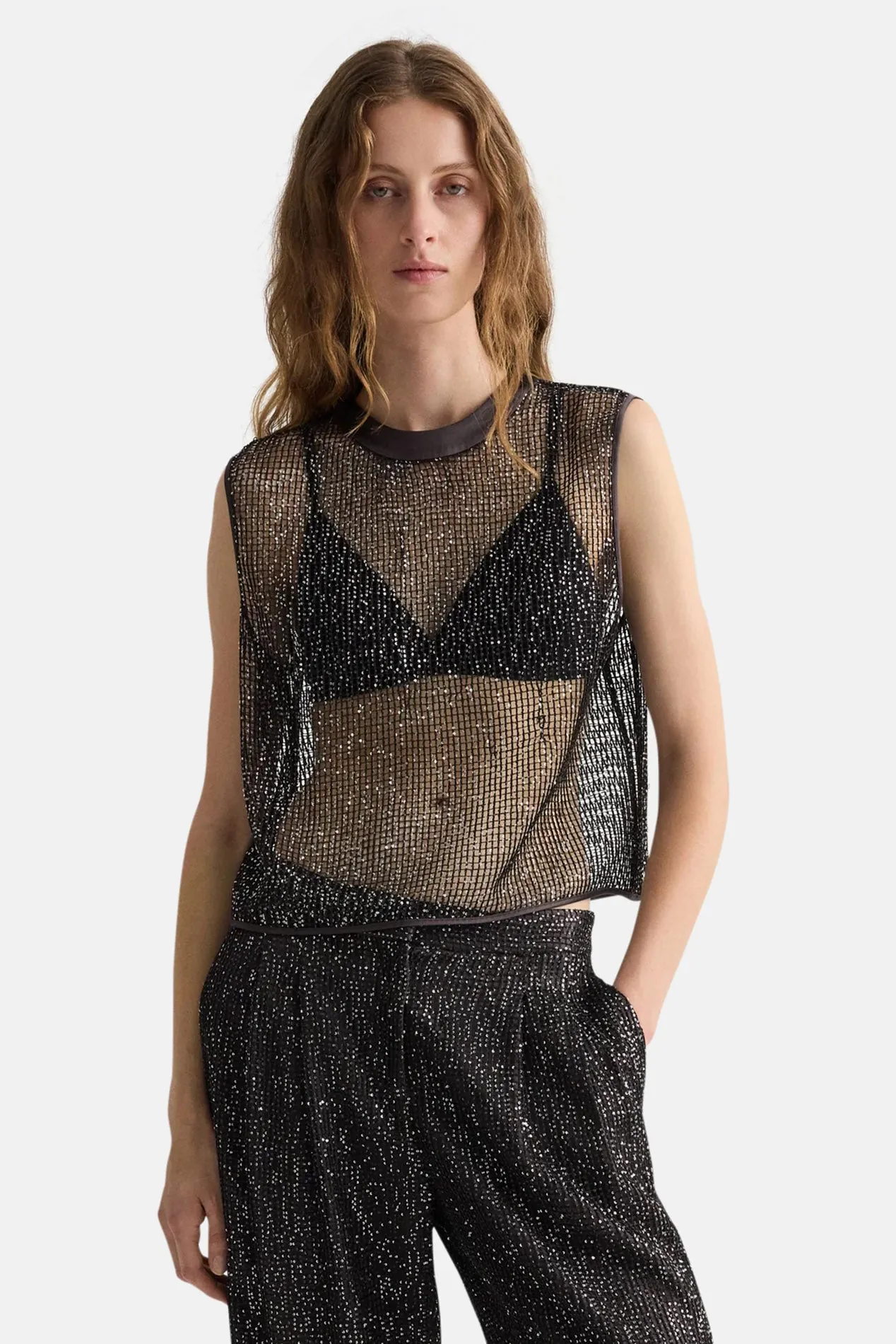 Short Muscle Tank in Mini Sequin Netting Dark Chocolate/Silver sold by Blue & Cream