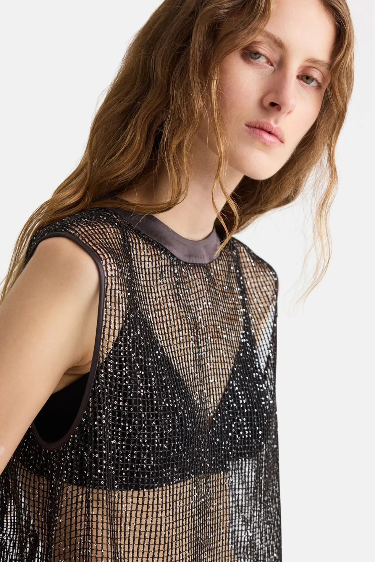 Short Muscle Tank in Mini Sequin Netting Dark Chocolate/Silver sold by Blue & Cream product image thumbnail 3