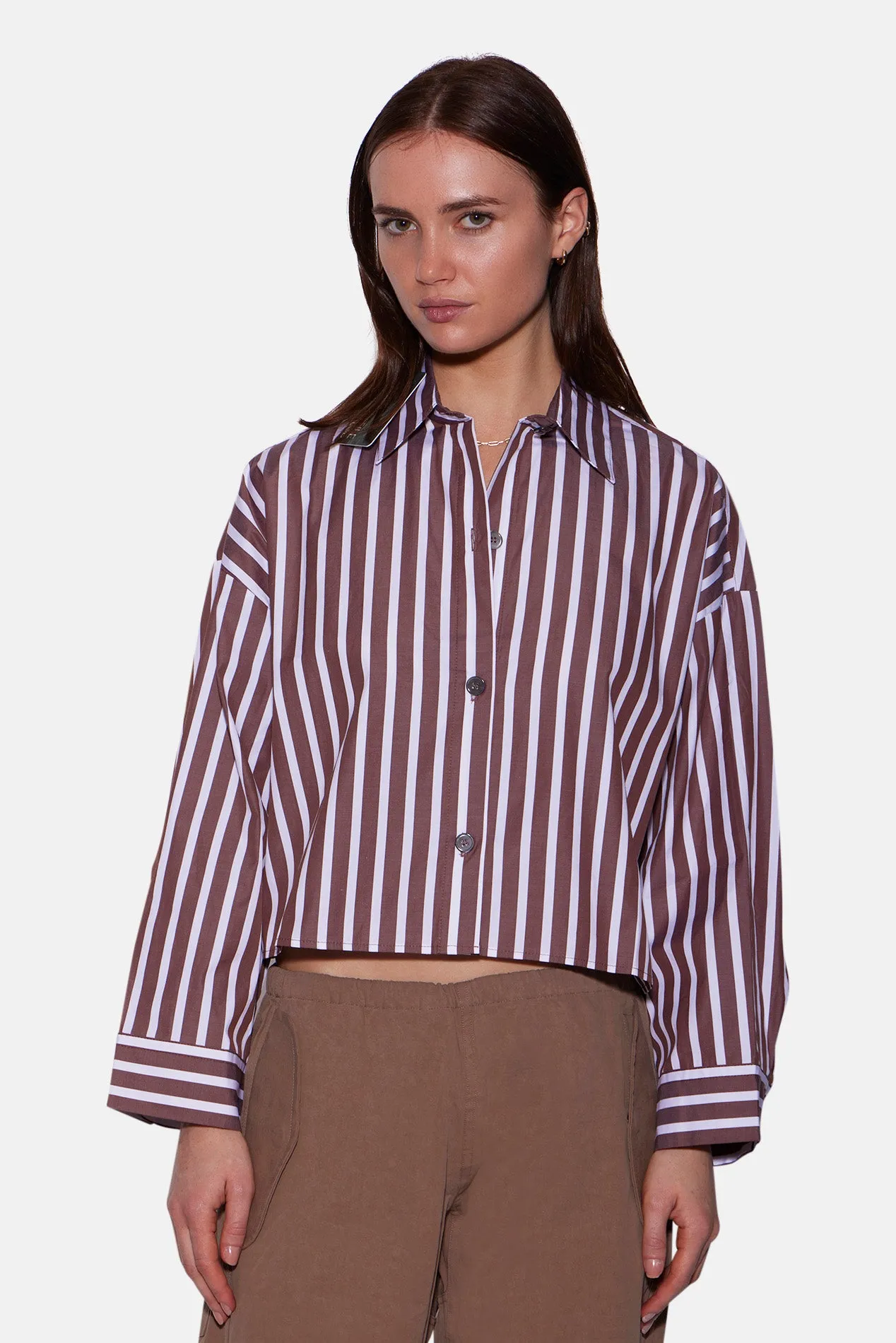 Gansett Poplin Crop Shirt Brown/White Stripe sold by Blue & Cream