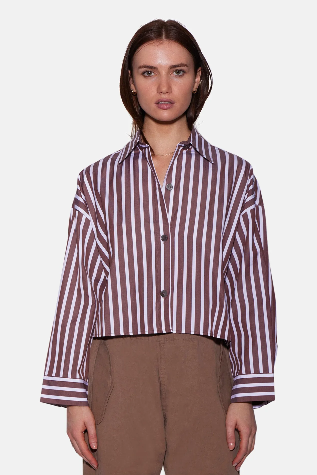 Gansett Poplin Crop Shirt Brown/White Stripe sold by Blue & Cream product image thumbnail 5