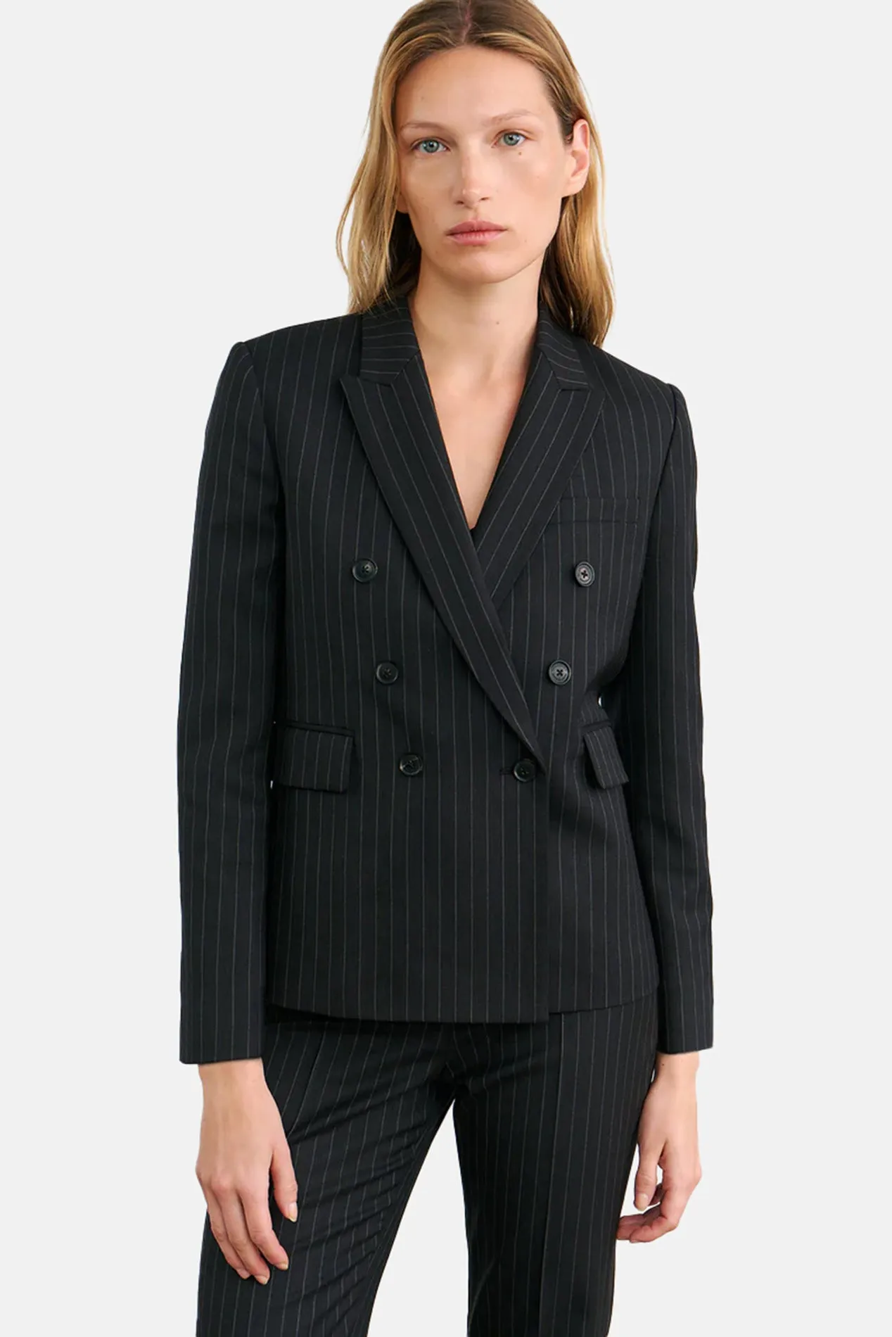 Duran Jacket Dark Charcoal Pinstripe sold by Blue & Cream