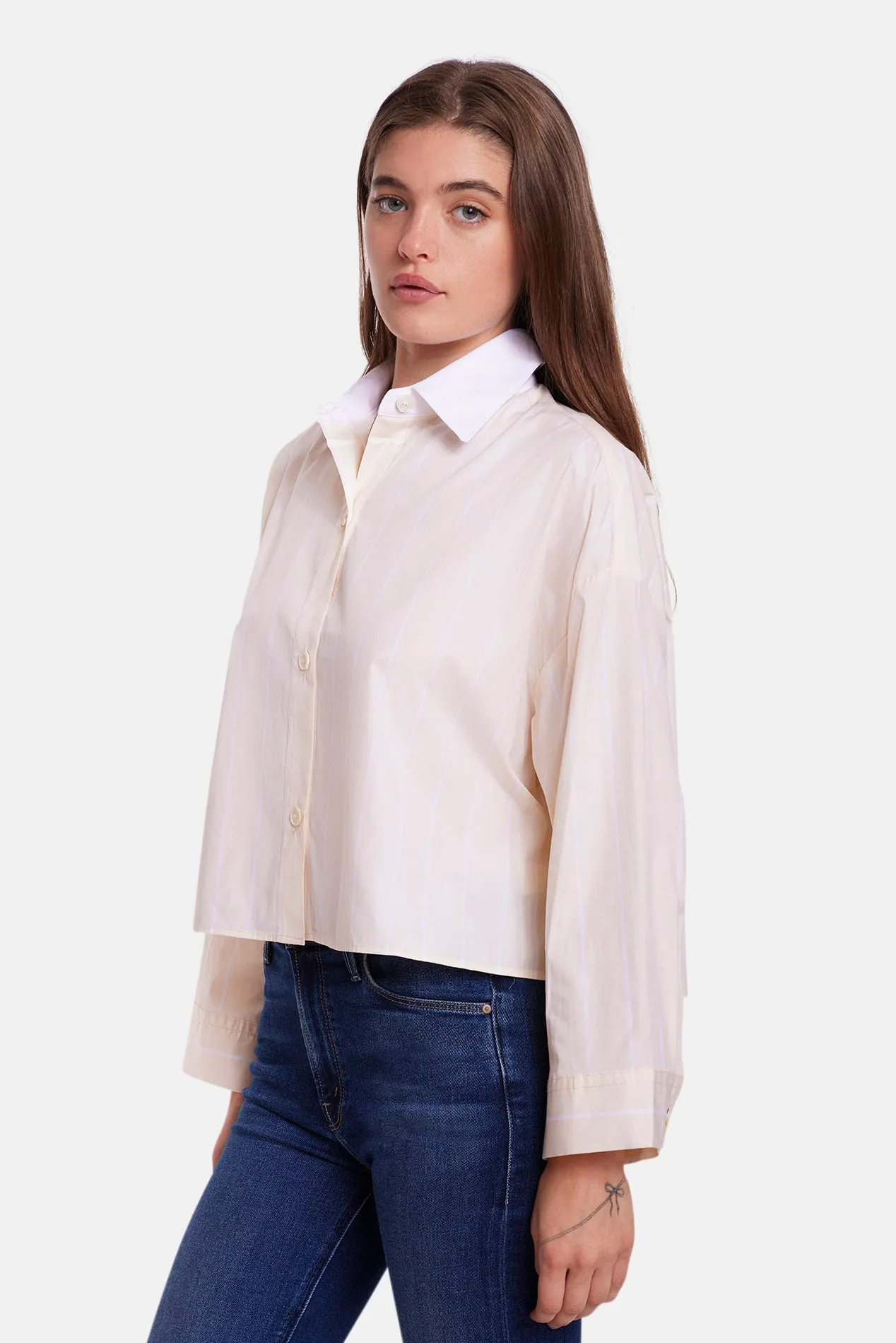 Gansett Poplin Crop Shirt Yellow/White Stripe w/ White Collar sold by Blue & Cream