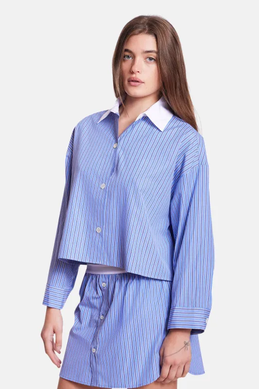 Gansett Poplin Crop Shirt Preppy Blue Stripe w/White Collar sold by Blue & Cream