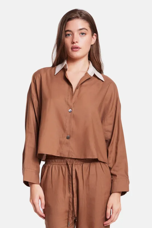 Gansett Poplin Crop Shirt Brown w/Beige Collar sold by Blue & Cream