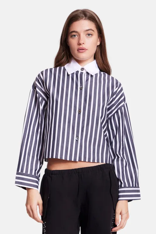 Gansett Poplin Crop Shirt Black/White Stripe w/White Collar sold by Blue & Cream