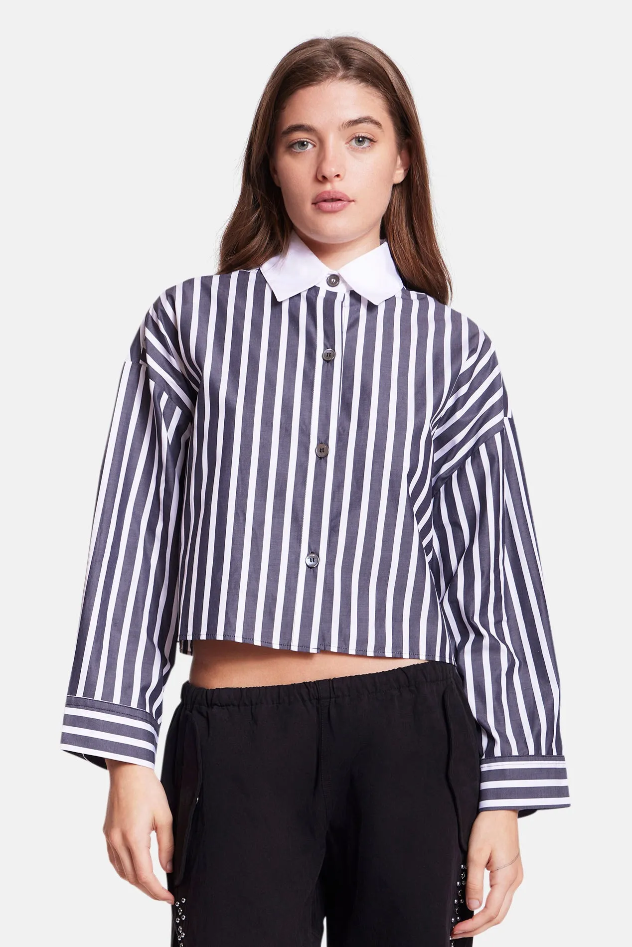 Gansett Poplin Crop Shirt Black/White Stripe w/White Collar sold by Blue & Cream