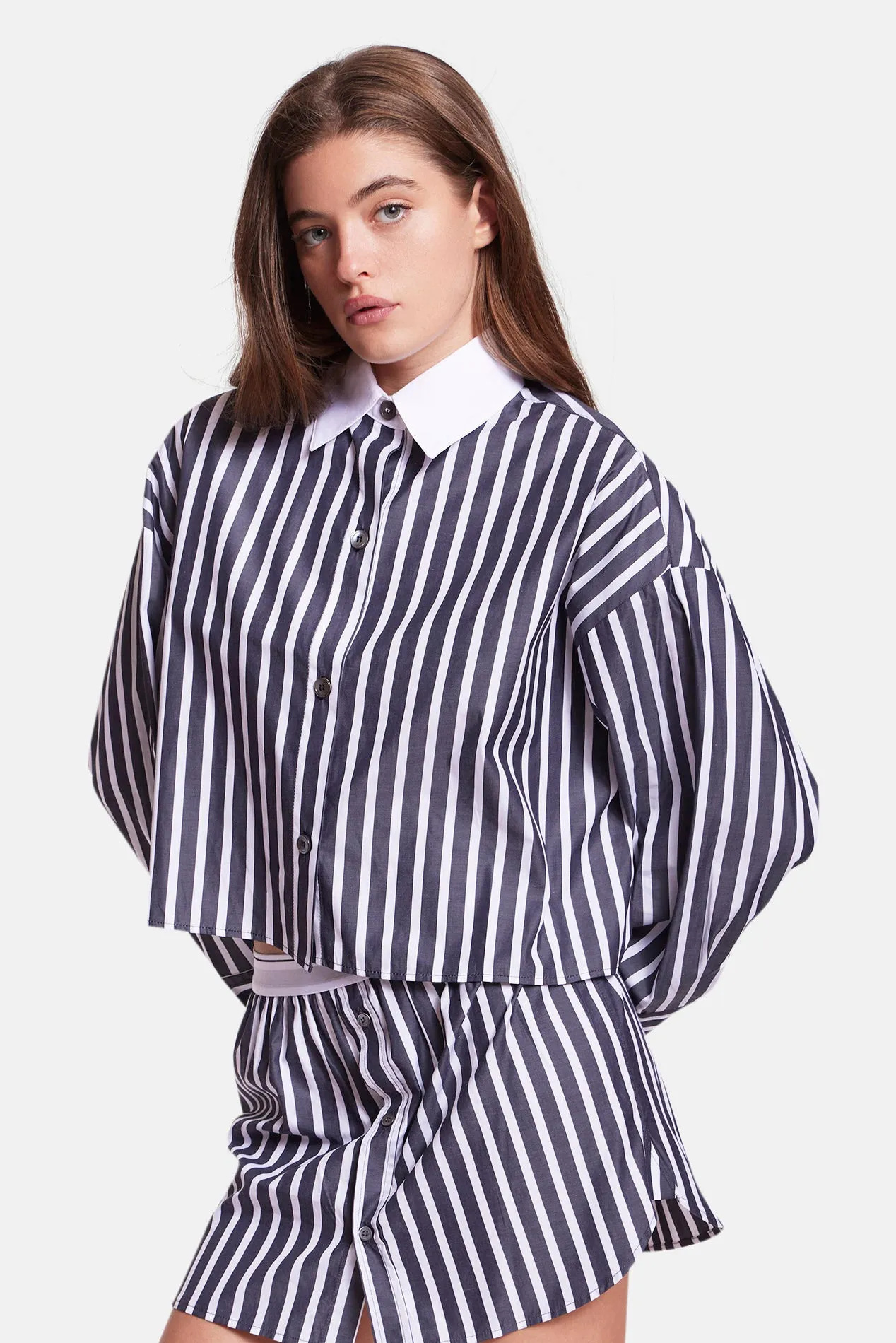 Gansett Poplin Crop Shirt Black/White Stripe w/White Collar sold by Blue & Cream product image thumbnail 3