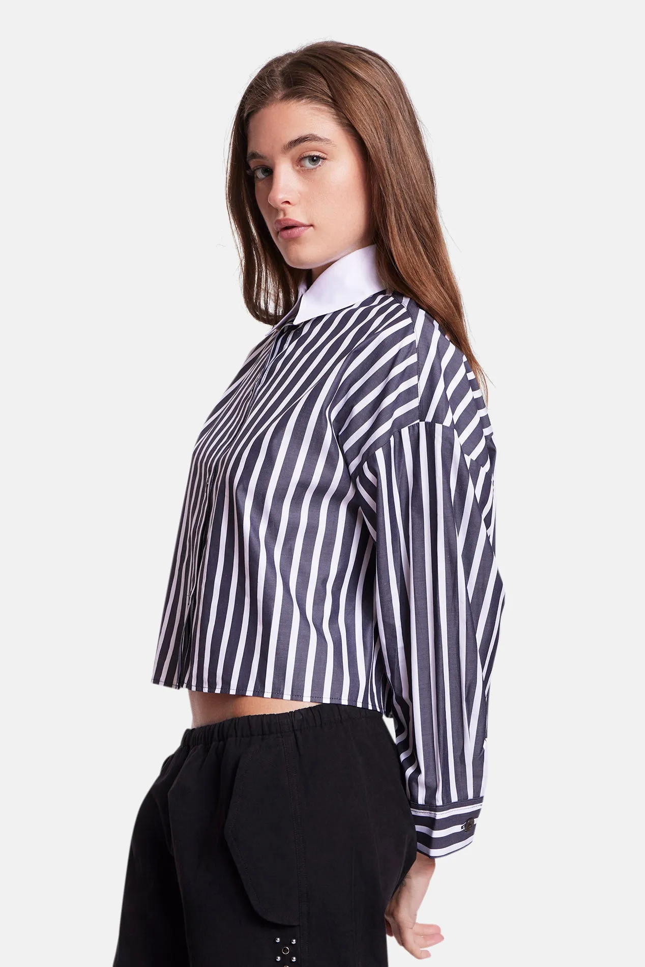 Gansett Poplin Crop Shirt Black/White Stripe w/White Collar sold by Blue & Cream product image thumbnail 2