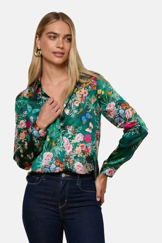 Tyler Silk Blouse Bottle Green Multi Charonda Butterfly sold by Blue & Cream
