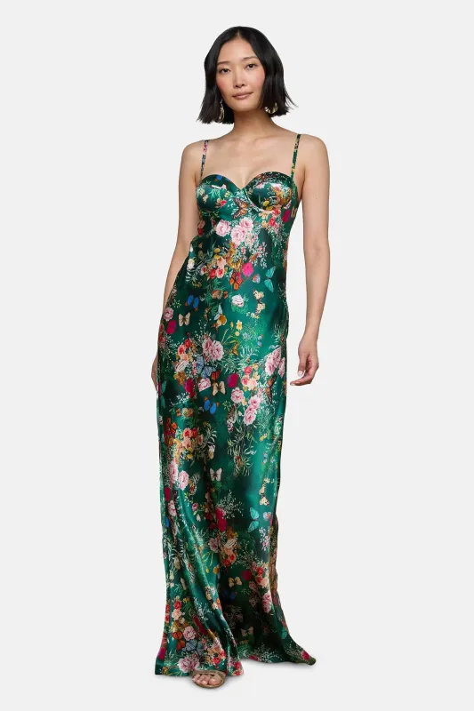 Sayla Silk Gown Bottle Green Multi Charonda Butterfly sold by Blue & Cream