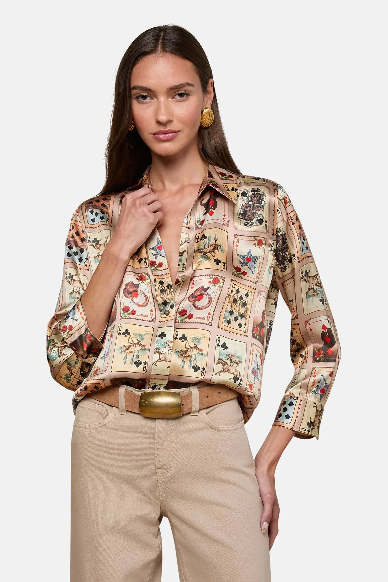 Dani Silk Blouse Tan Multi Western Cards sold by Blue & Cream