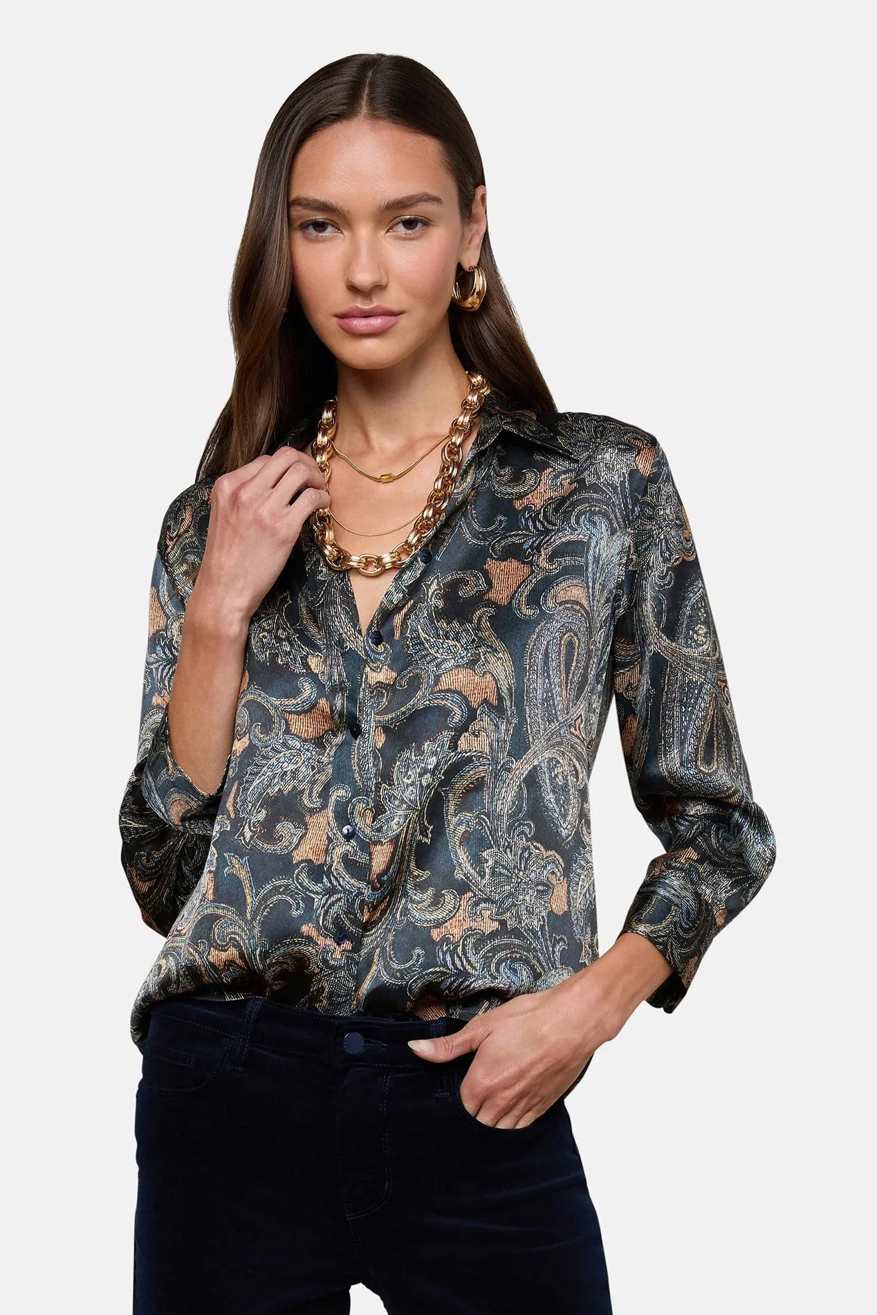 Dani Silk Blouse Midnight Multi Etched Paisley sold by Blue & Cream