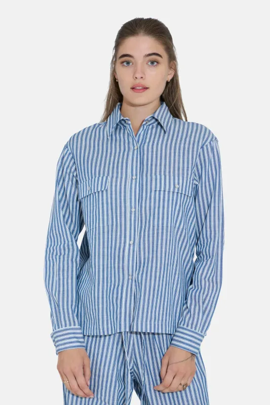 Coco Denim Overshirt in White Stripe sold by Blue & Cream