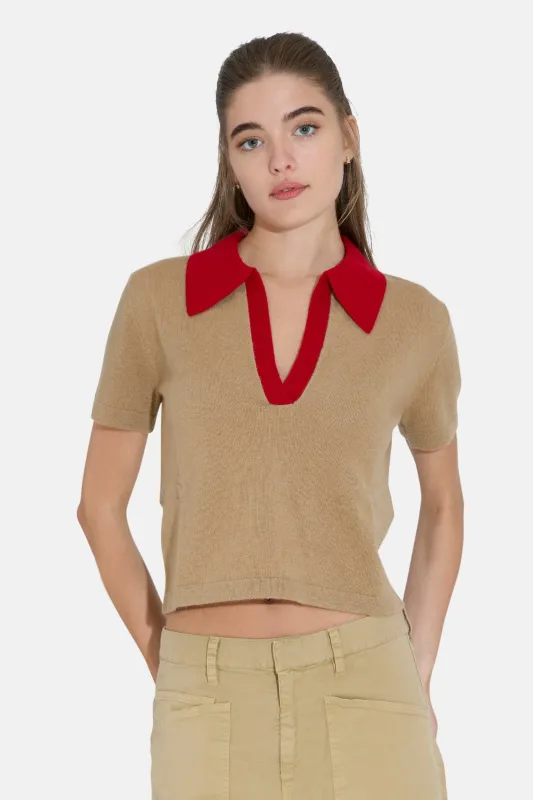 Tate Cashmere Contrast Polo Mocha Beige/Burgundy sold by Blue & Cream