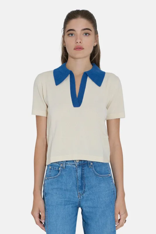 Tate Cashmere Contrast Polo Ivory/Denim sold by Blue & Cream