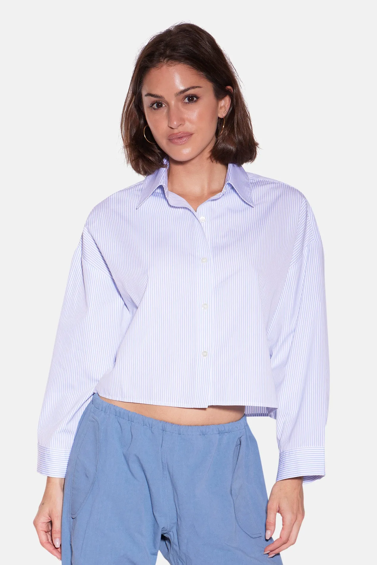 Gansett Poplin Crop Shirt Blue/White Stripe sold by Blue & Cream