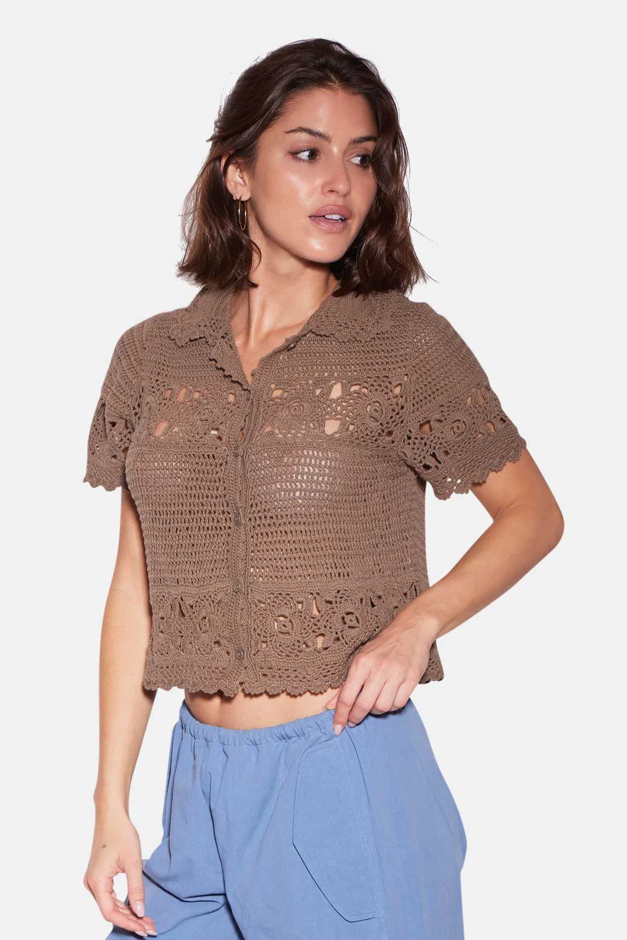 Molly Crochet Shirt Taupe sold by Blue & Cream