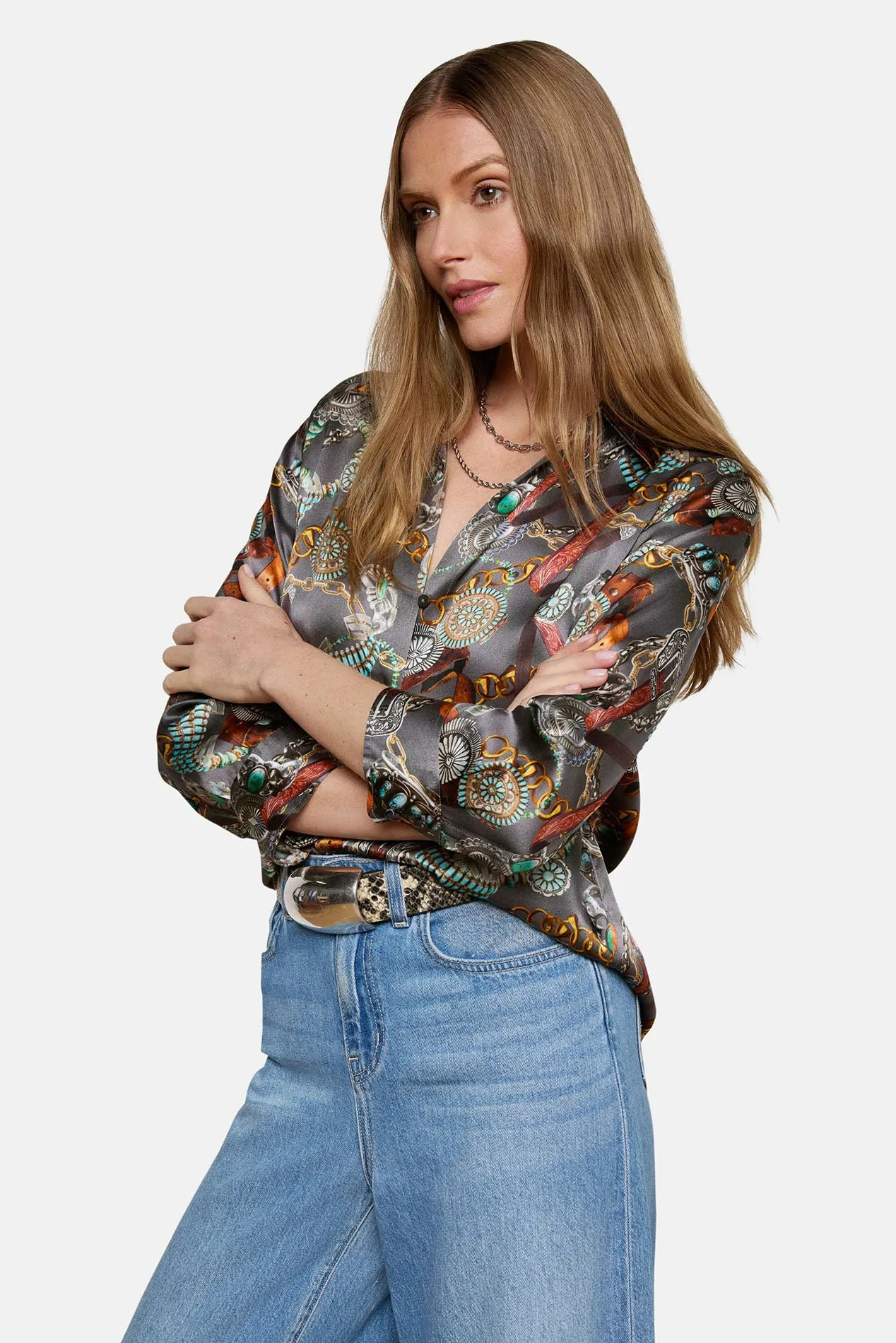 Dani 3/4 Sleeve Silk Blouse Multi Western Belt Print sold by Blue & Cream product image thumbnail 2