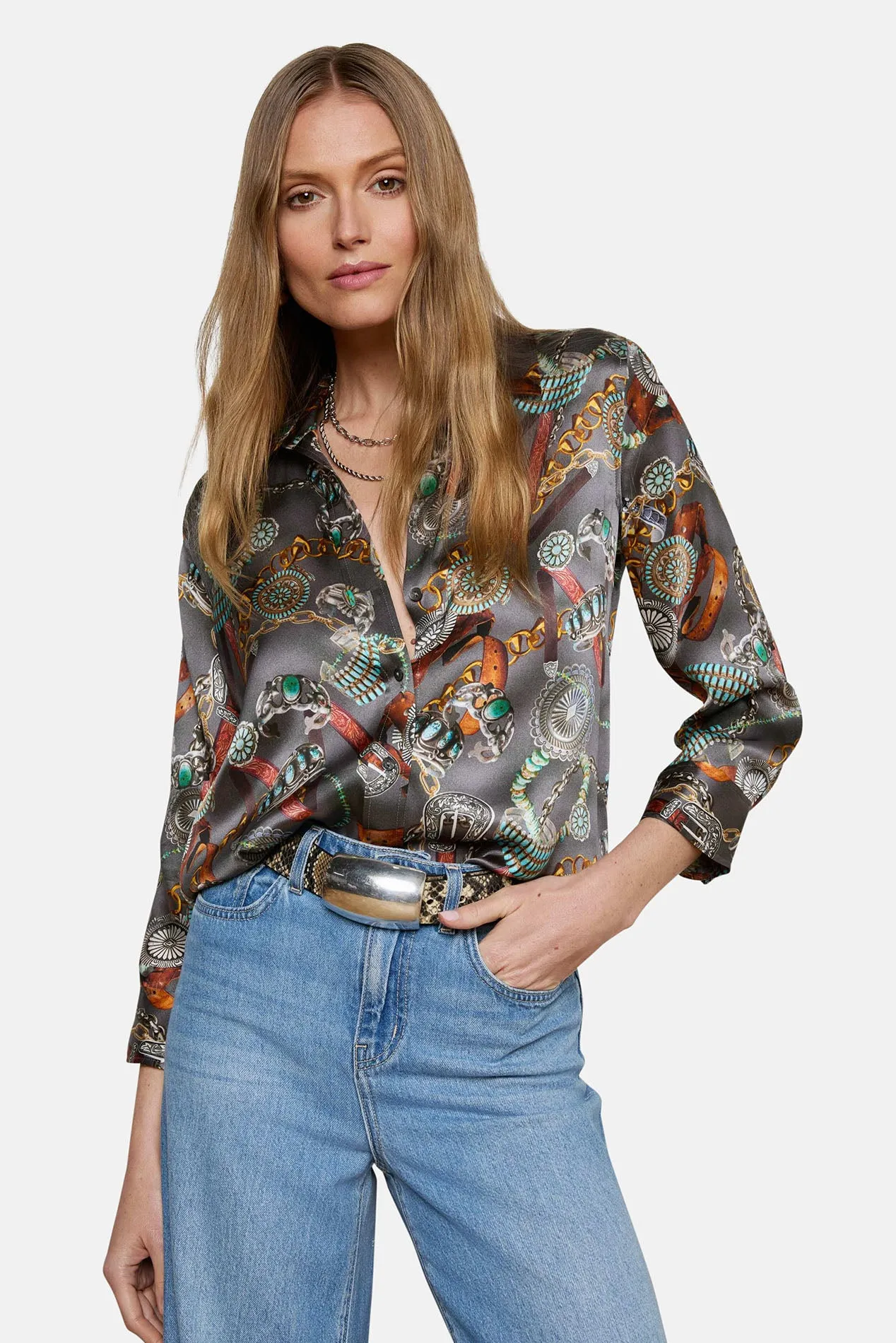 Dani 3/4 Sleeve Silk Blouse Multi Western Belt Print sold by Blue & Cream