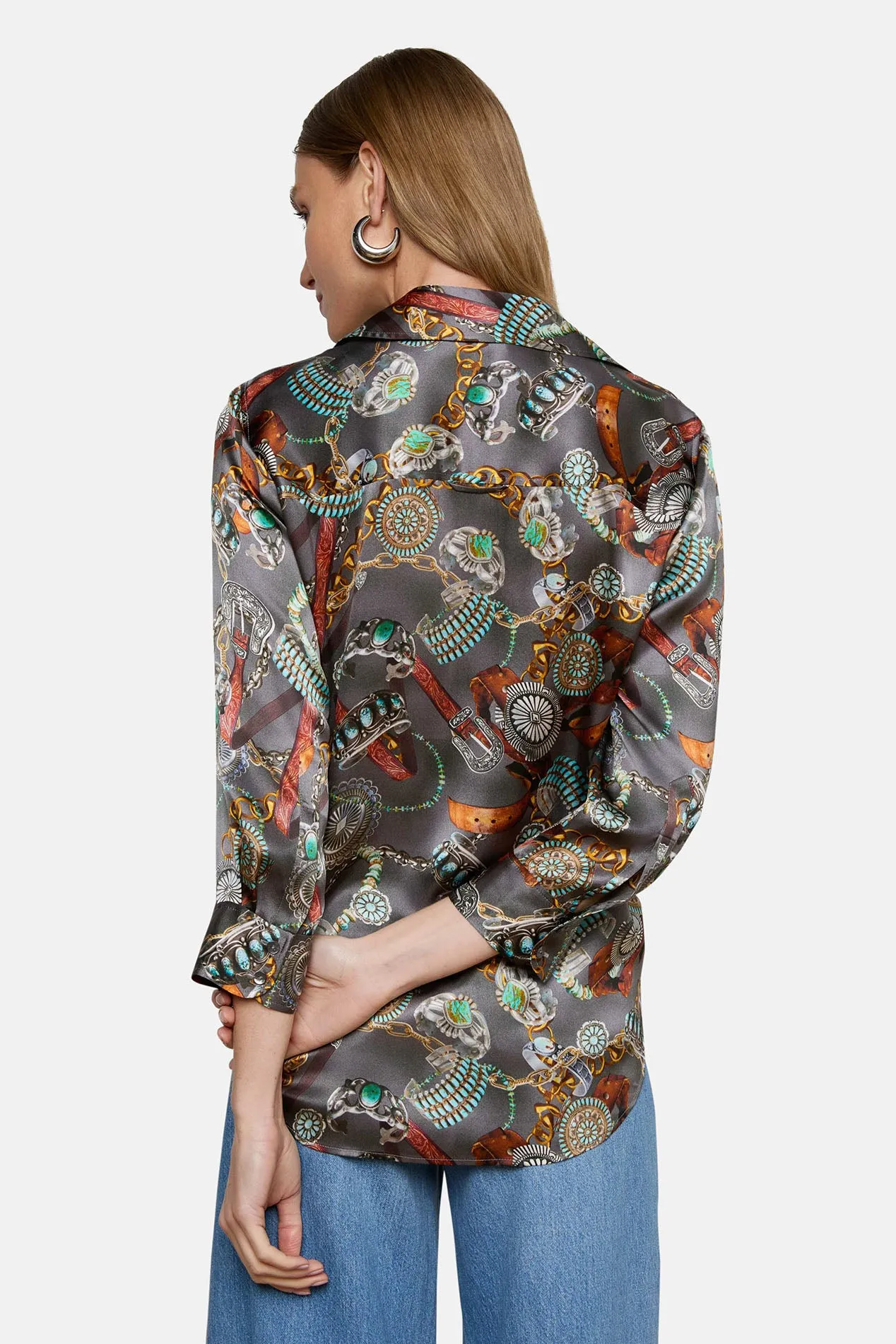 Dani 3/4 Sleeve Silk Blouse Multi Western Belt Print sold by Blue & Cream product image thumbnail 3