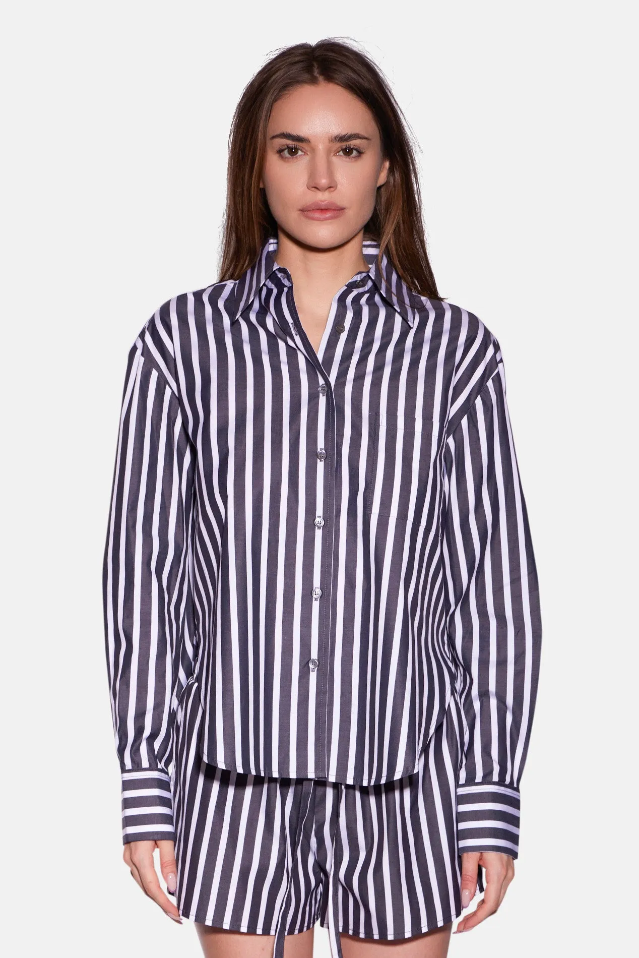 Lily Poplin Boyfriend Shirt Black/White Wide Stripe sold by Blue & Cream