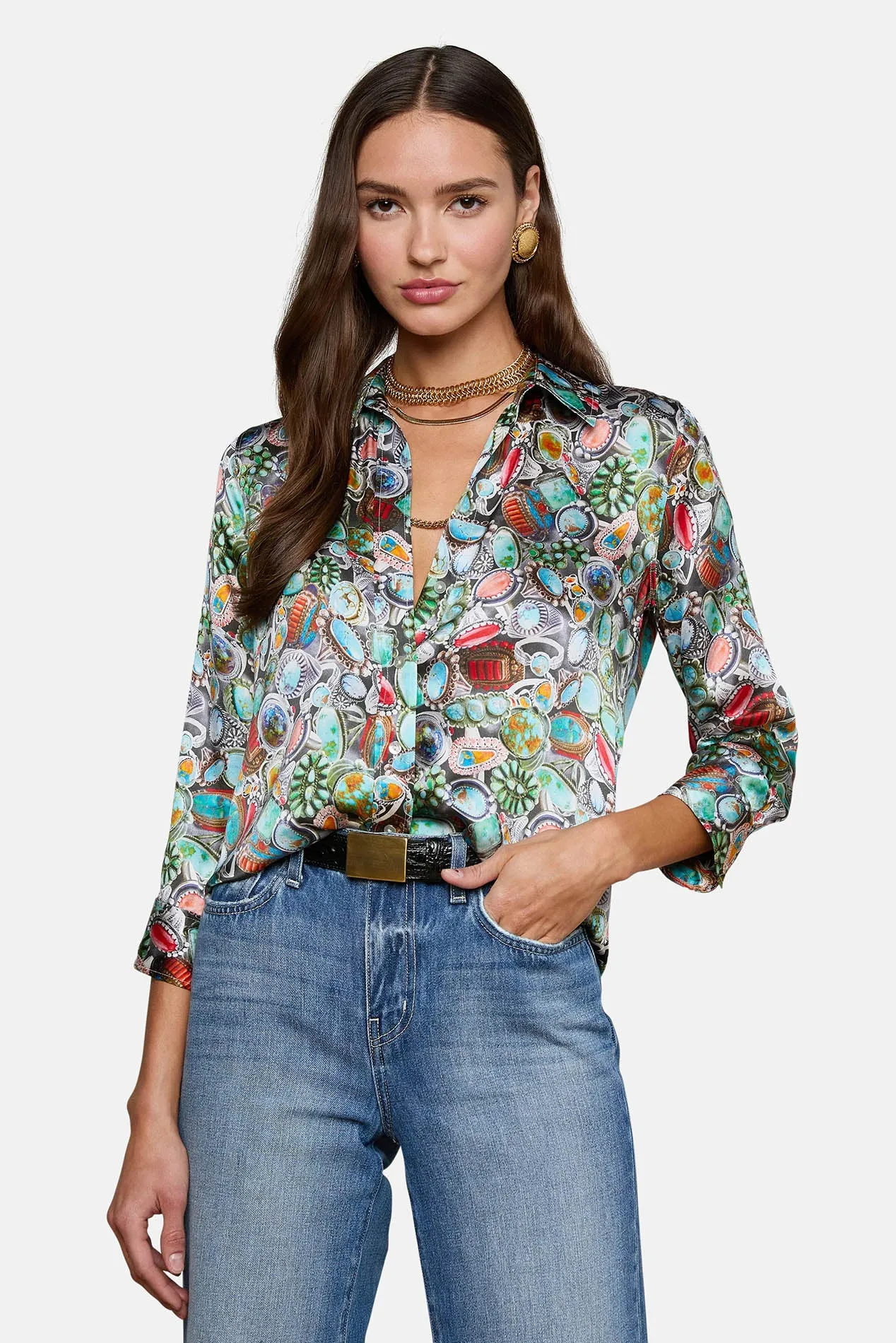Dani Silk Blouse Multi Mix Turquoise Rings sold by Blue & Cream
