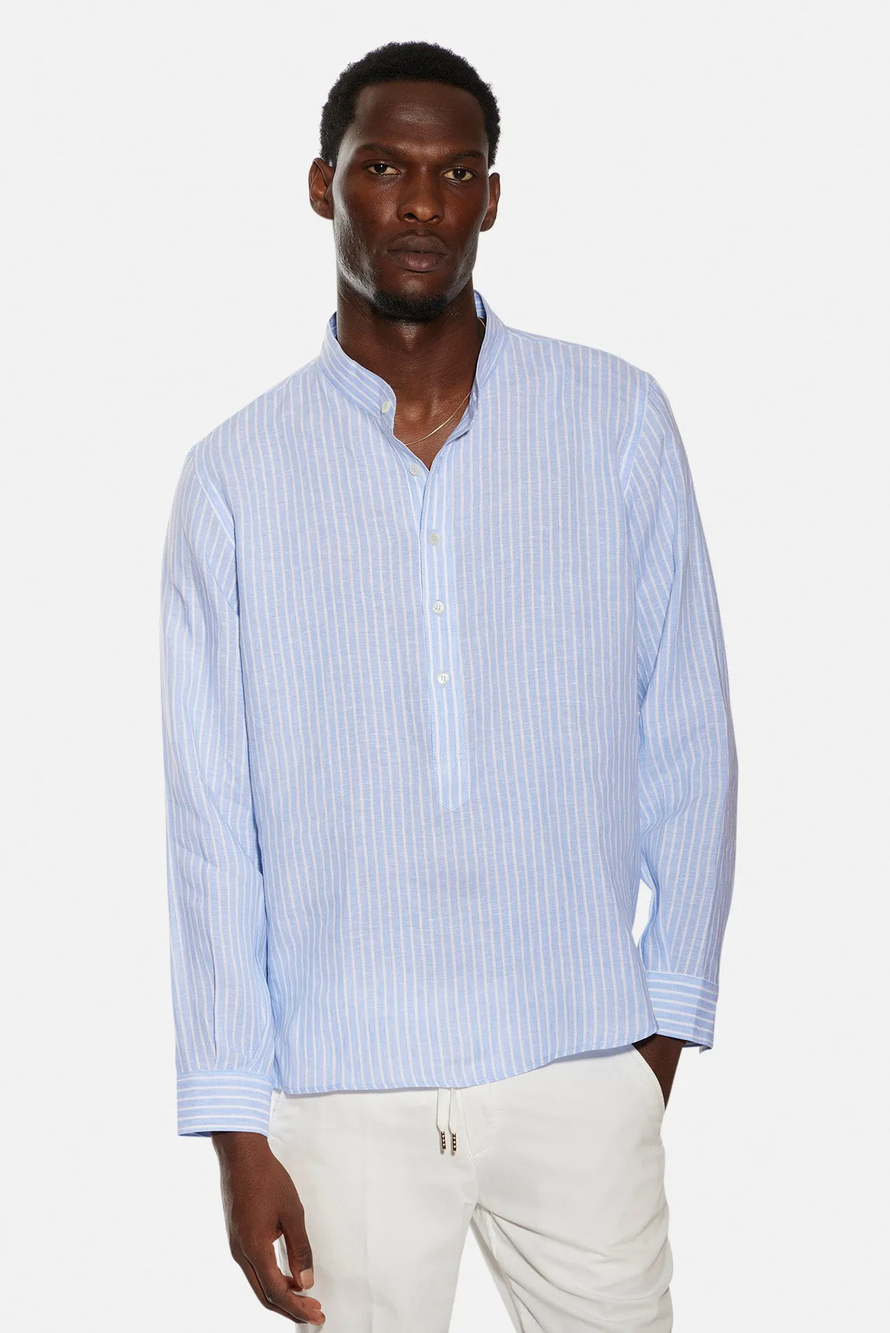 Gabri Linen Pop Over Shirt Blue/White Stripe sold by Blue & Cream