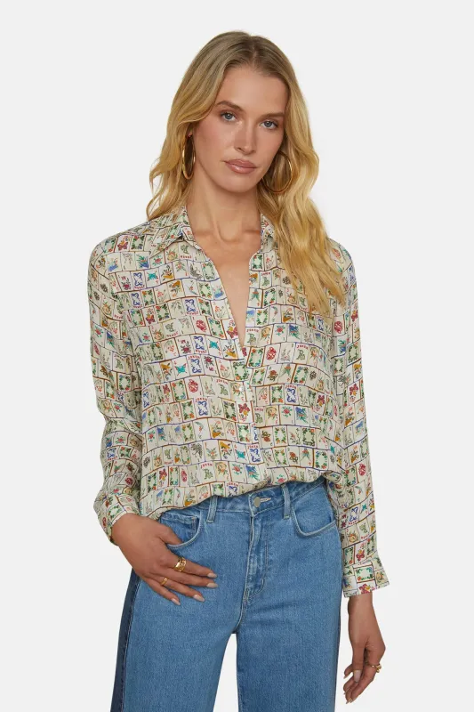 Nina Silk Blouse White Multi Mahjong sold by Blue & Cream