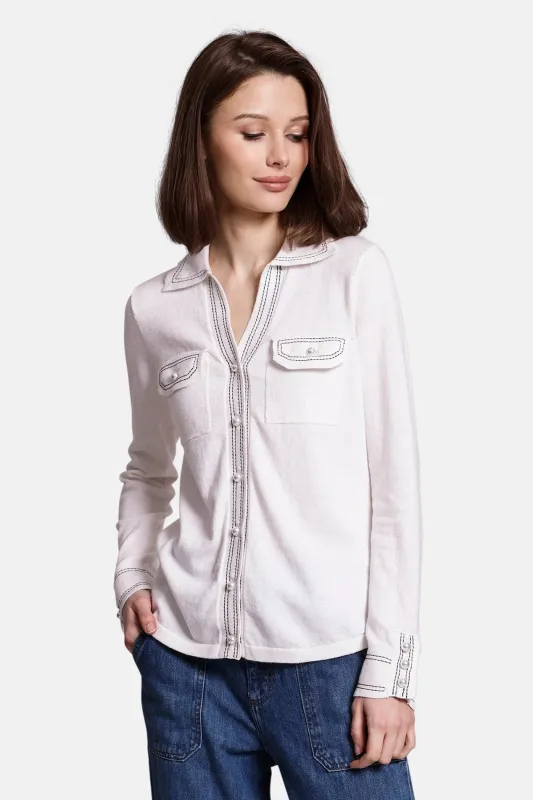 Cotton Cashmere Pearl Button Shirt White made by Minnie Rose