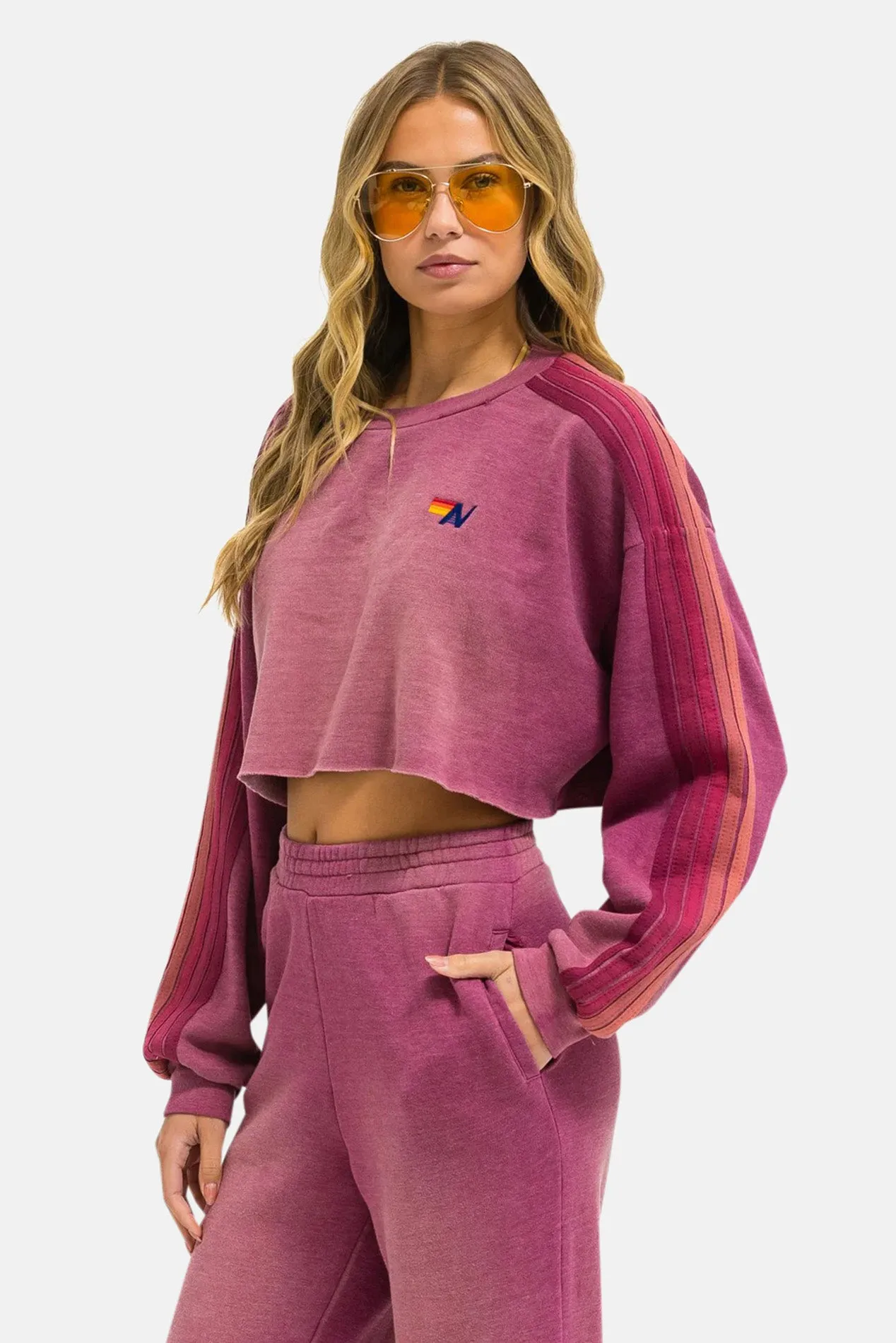 Classic Stripe Cropped Crew Sweatshirt Relaxed Faded Berry sold by Blue & Cream product image thumbnail 3