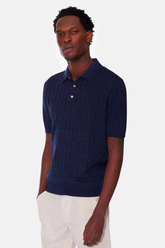 Smooth Light Knit Polo Navy made by Boglioli