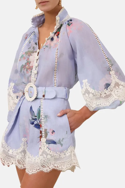 Everley Lace Trim Blouse Light Blue Watercolour Floral made by Zimmermann