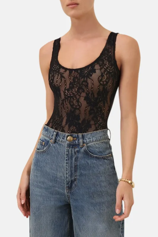 Lace Scoop Neck Bodysuit Black sold by Blue & Cream