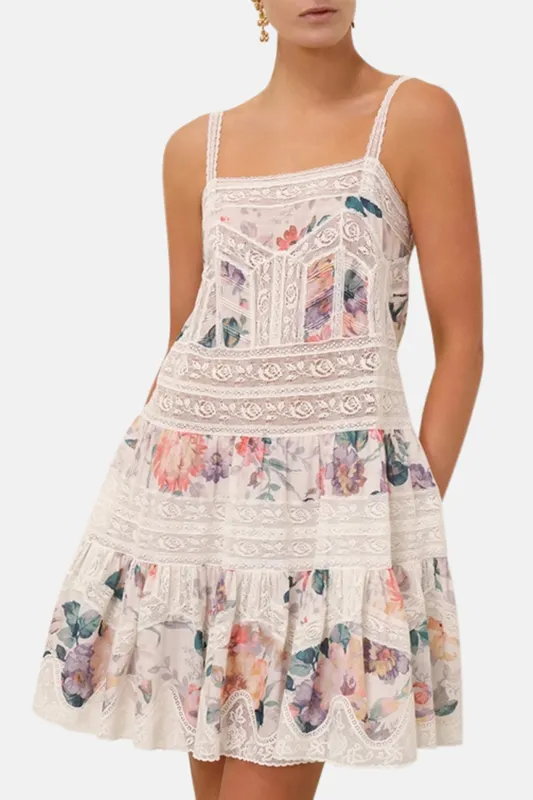 Acacia Lace Trim Mini Dress Cream Multi Floral sold by Blue & Cream