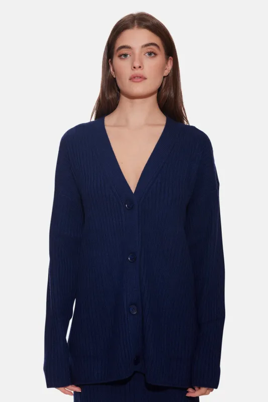 Lucy Ribbed Cocoon Cardigan Navy sold by Blue & Cream