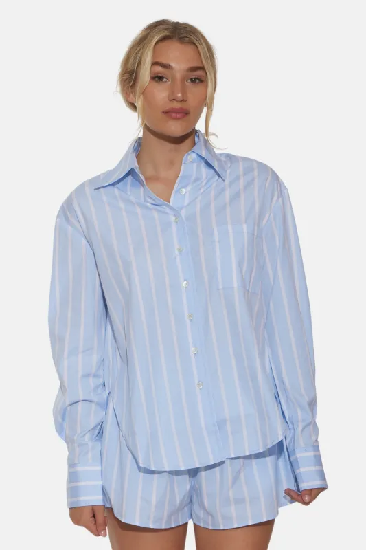 Lily Poplin Boyfriend Shirt Wide Stripe Sky/White sold by Blue & Cream