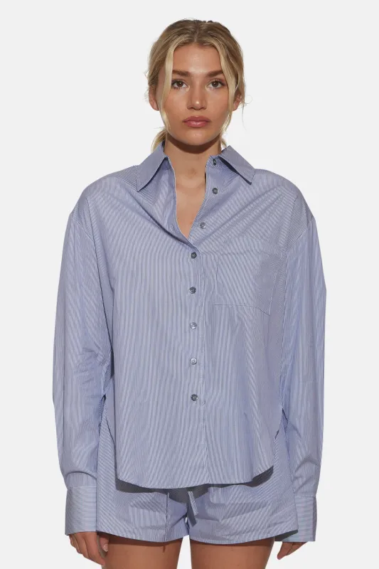 Lily Poplin Boyfriend Shirt Micro Pinstripe Navy/White sold by Blue & Cream
