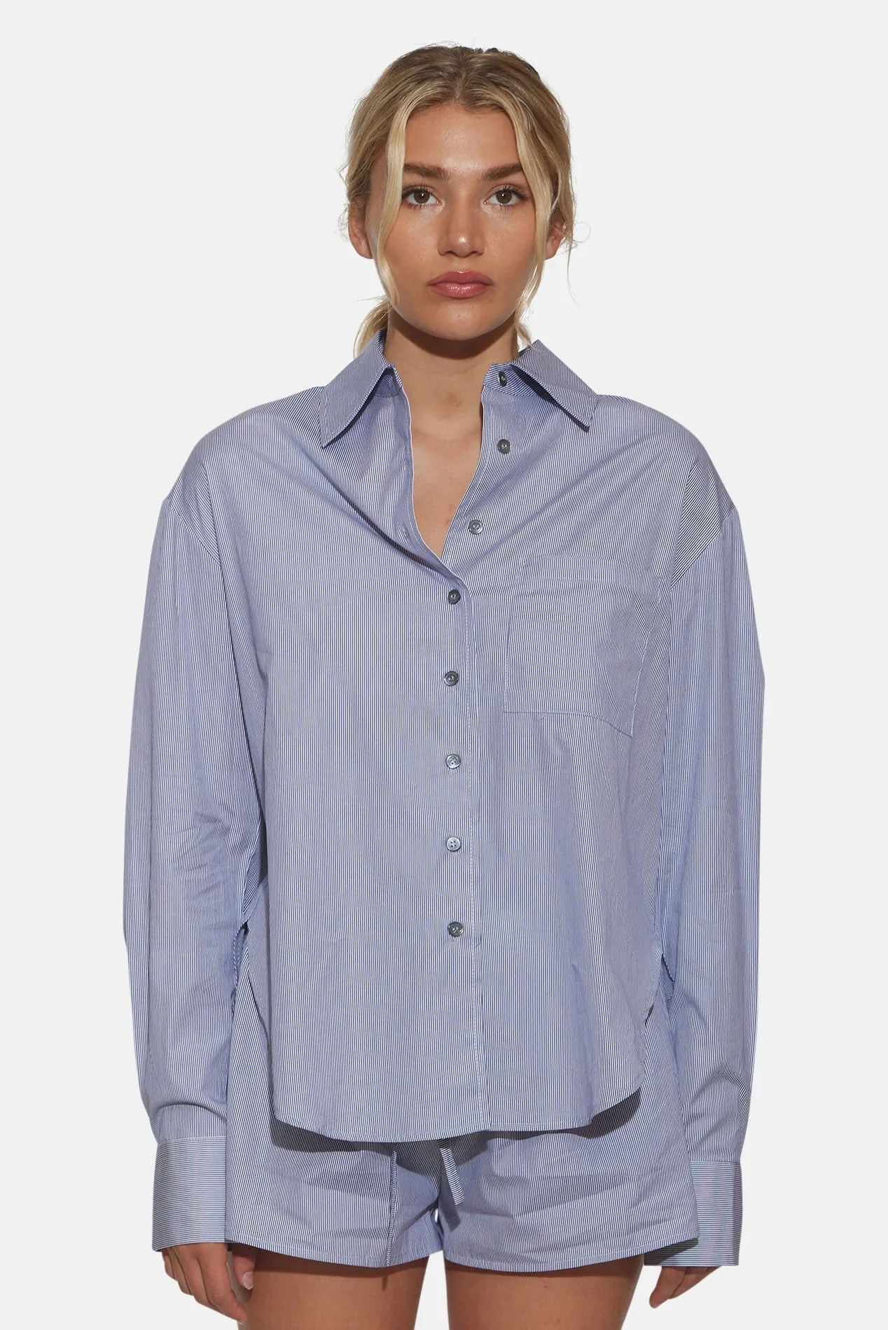 Lily Poplin Boyfriend Shirt Micro Pinstripe Navy/White sold by Blue & Cream