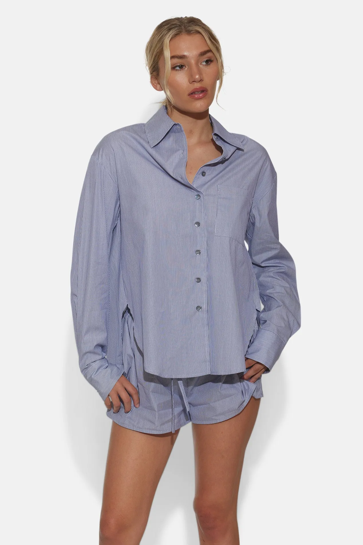 Lily Poplin Boyfriend Shirt Micro Pinstripe Navy/White sold by Blue & Cream product image thumbnail 4