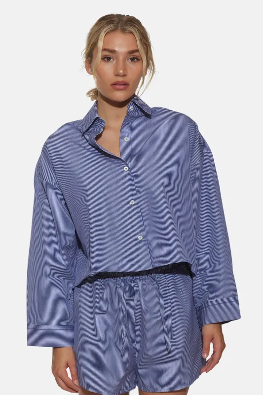 Gansett Poplin Crop Shirt Navy/White Pinstripe sold by Blue & Cream