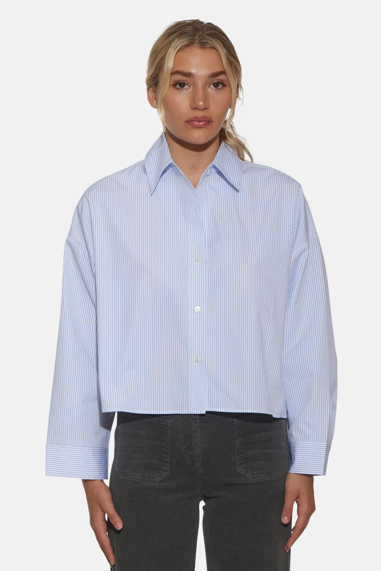 Gansett Poplin Crop Shirt Micro Stripe White/Blue sold by Blue & Cream