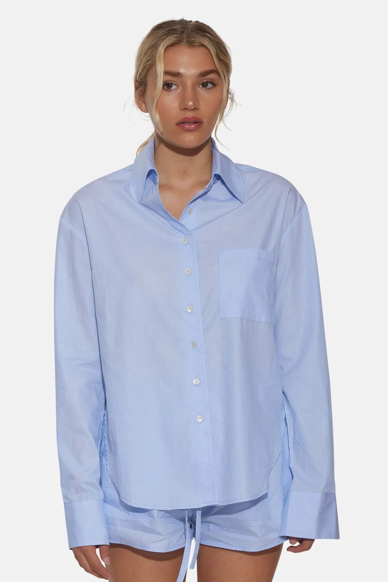 Lily Poplin Boyfriend Shirt Chambray sold by Blue & Cream