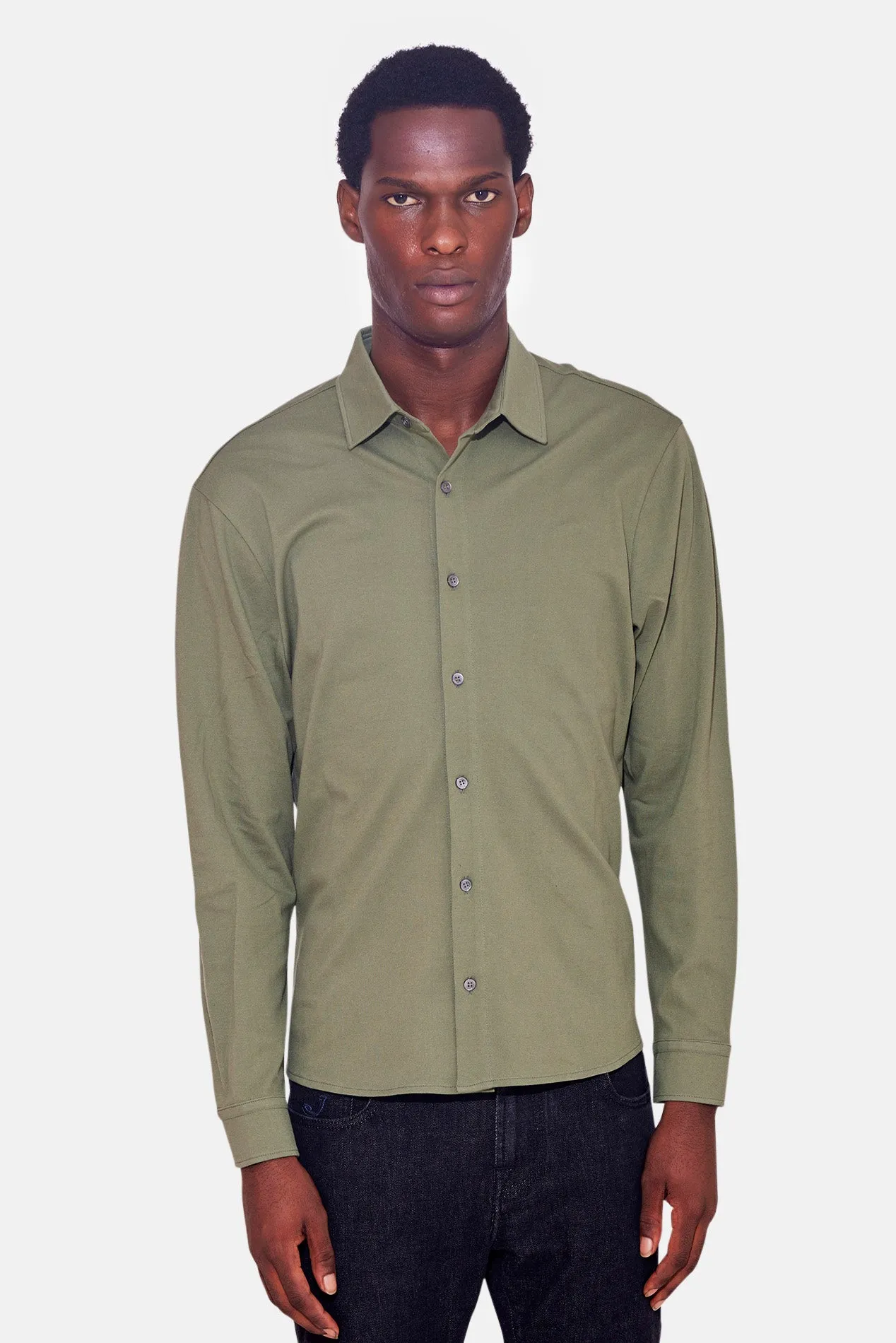 Dre Pique Button Up Shirt Olive sold by Blue & Cream