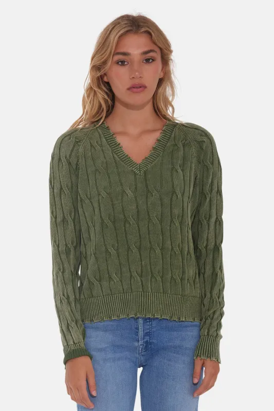 Stone Wash Frayed Distressed Cable V-Neck Garden Grove sold by Blue & Cream