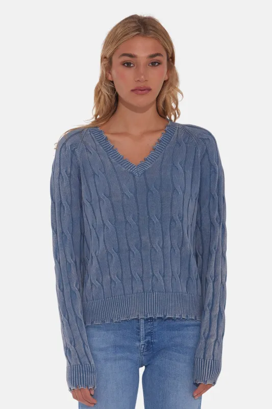 Stone Wash Frayed Distressed Cable V-Neck Fresco Blue sold by Blue & Cream