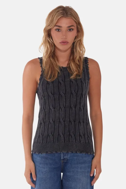 Stone Wash Distressed Cable Tank Black sold by Blue & Cream