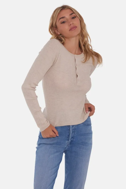 Sylvia Cashmere Henley Sweater Sandstone sold by Blue & Cream