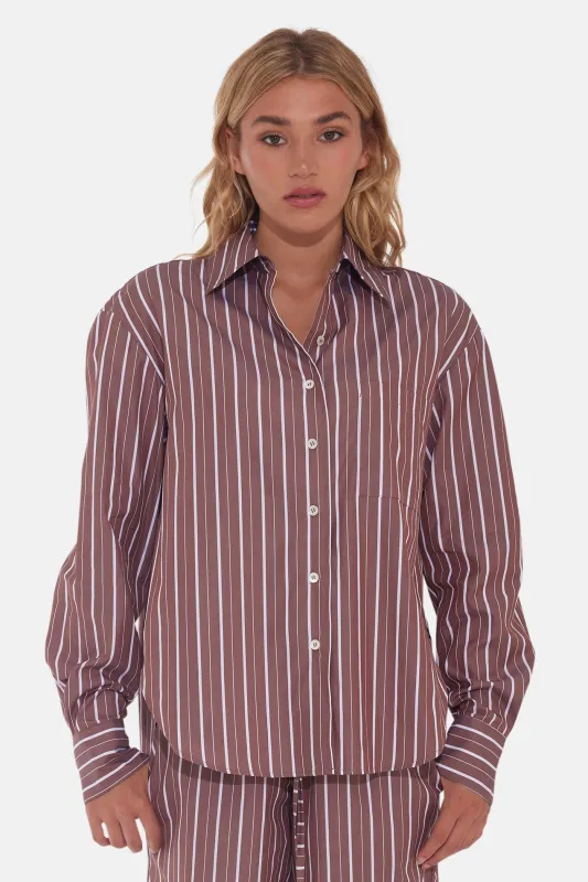 Lily Poplin Boyfriend Shirt Brown Stripe sold by Blue & Cream
