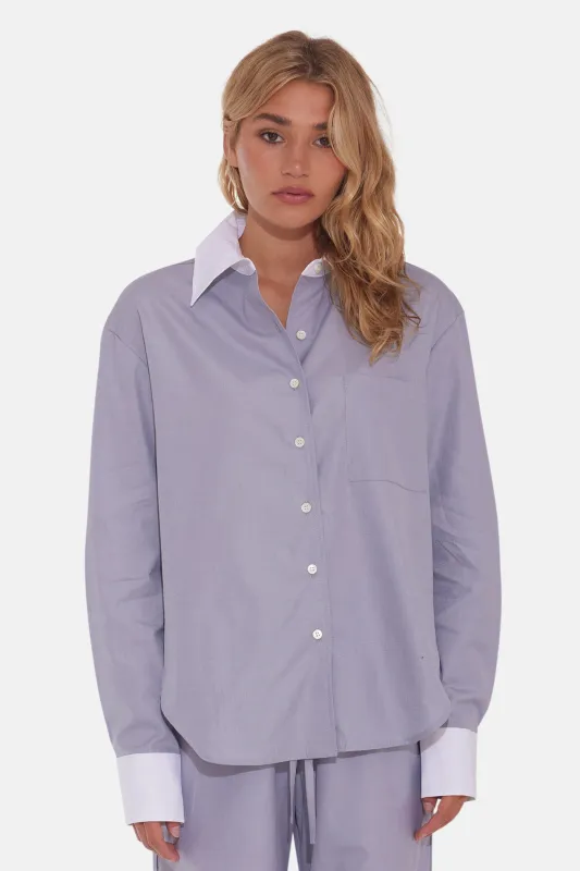 Lily Poplin Boyfriend Shirt Grey w/ White Collar sold by Blue & Cream