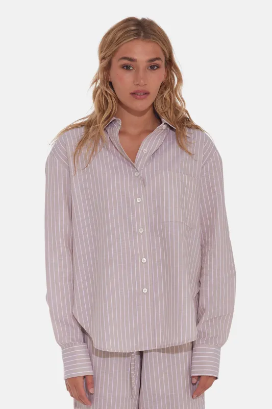 Eloise Cotton/Linen Boyfriend Shirt Beige Stripe sold by Blue & Cream